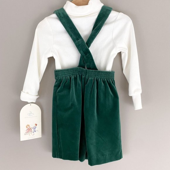 Vintage Jan Briggs Green Velvet Overall Dress Shorts White Turtleneck 2T NWT - Picture 3 of 4